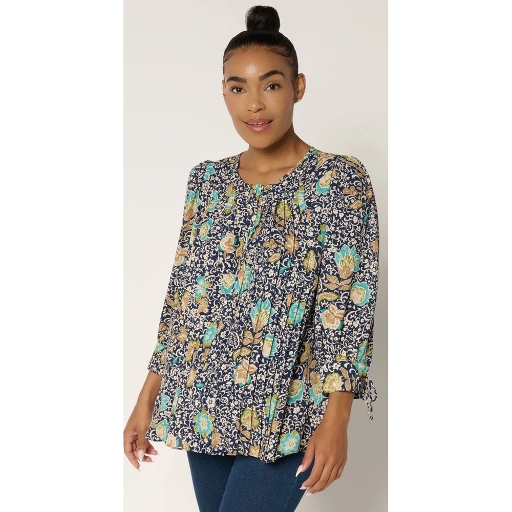 Susan Graver Floral Pleated Woven Blouse 3X 3/4 Beaded Tie Sleeves Navy/Jade EUC